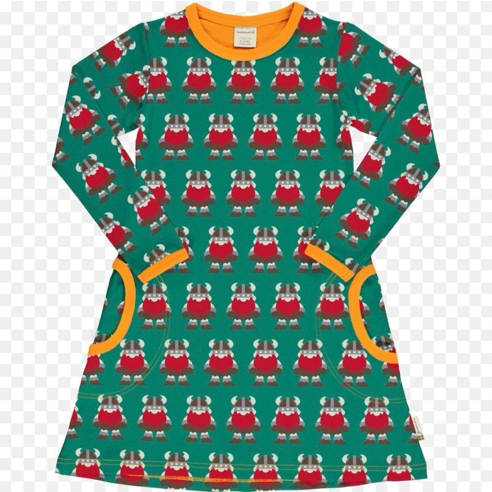 Maxomorra Green and Red Viking Print Dress Sz 110/116cm
